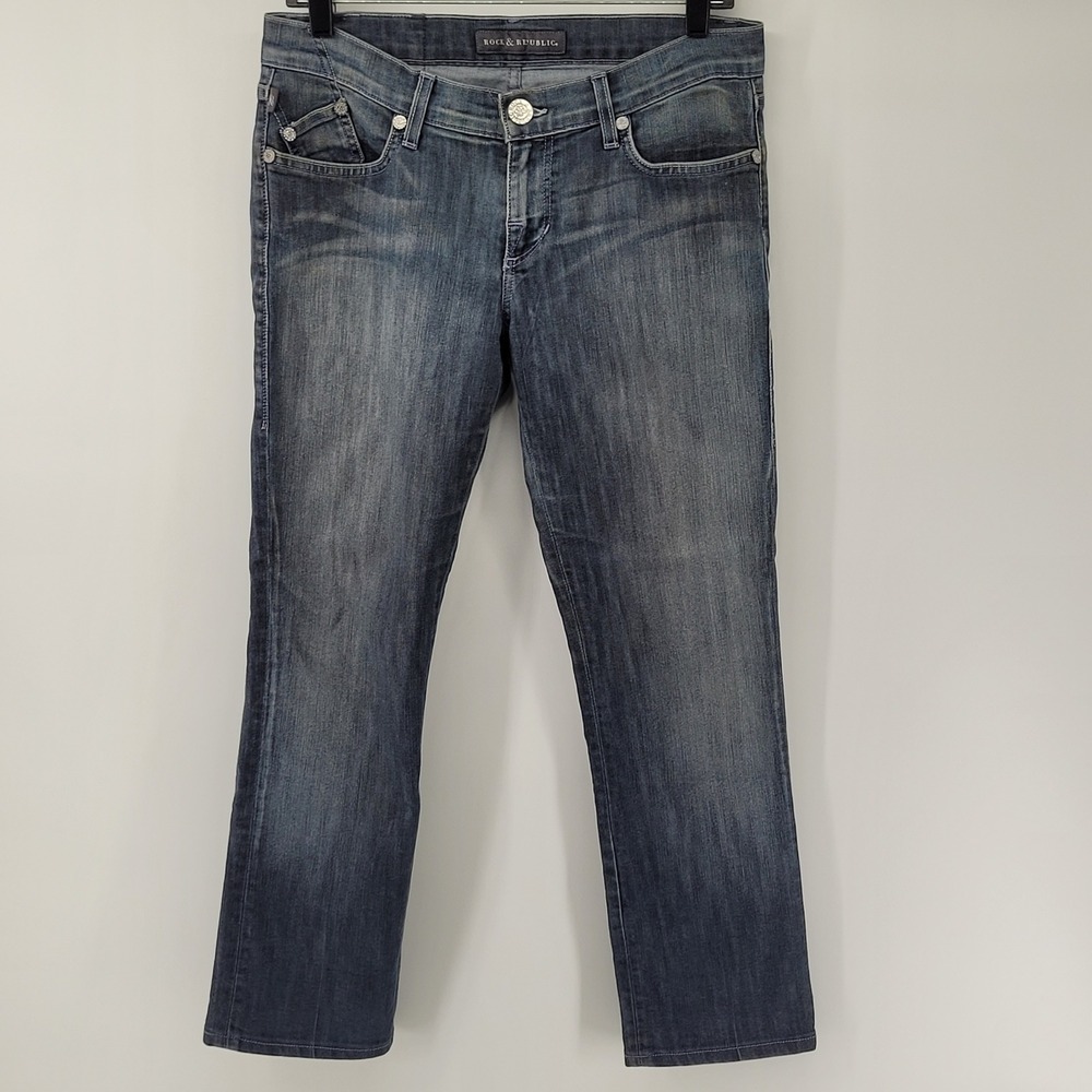 Rock & Republic Jeans Womens 29 Blue Rhinestone Embellished Pocket Straight Leg
